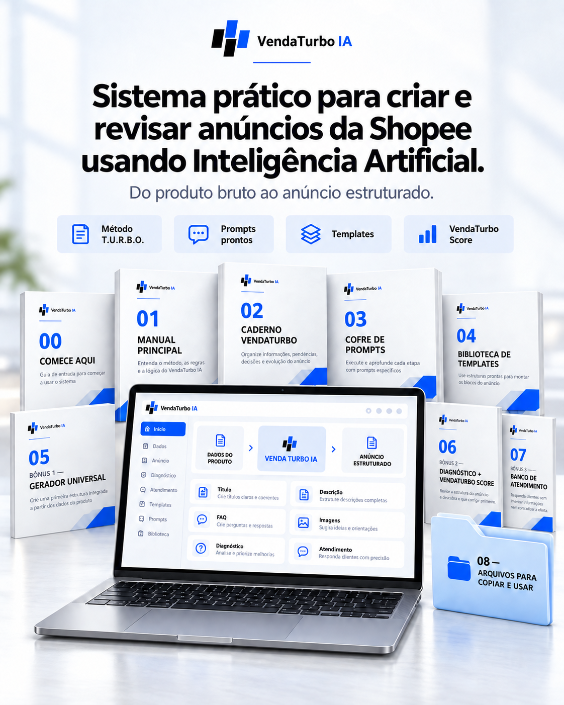 Mockup do sistema VendaTurbo IA com os materiais digitais organizados ao redor de um notebook